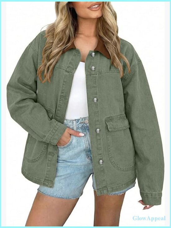 Jackets & Blazers - Oversized Denim Jacket with Button Down Front and Pockets